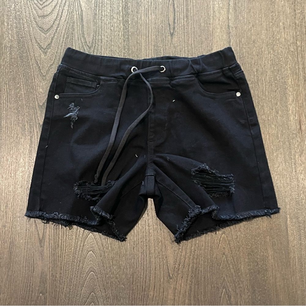 NWOT Guess Black Distressed Denim Shorts Drawstring Size S
